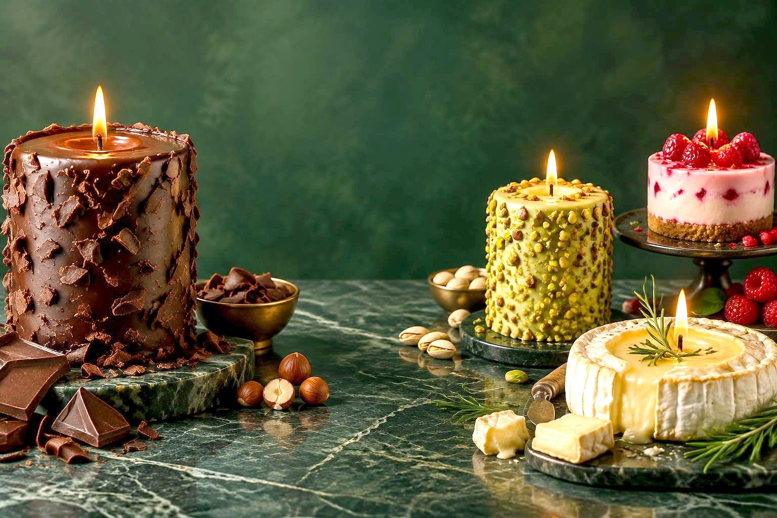 Gourmet edible candles on green stone
